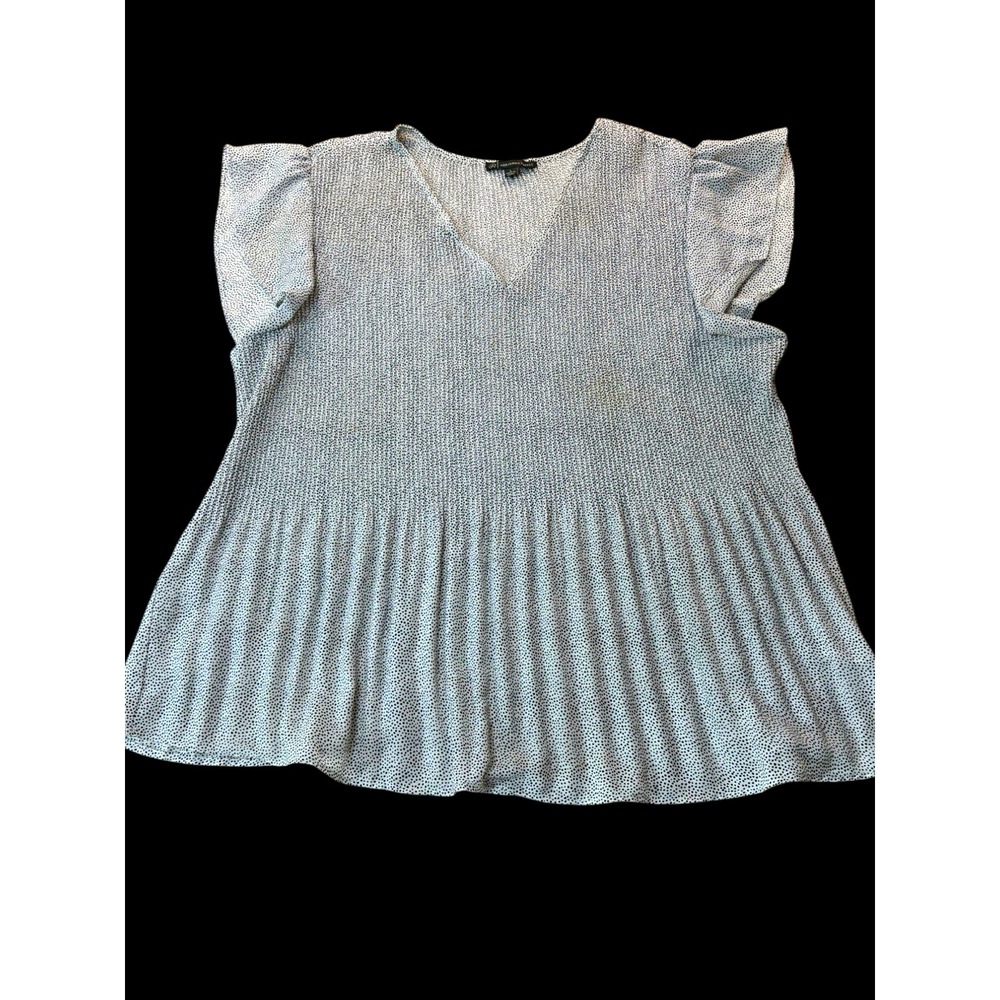 Adrianna Papell Womens L White Black Polka Dot V-Neck Flutter Sleeve Blouse